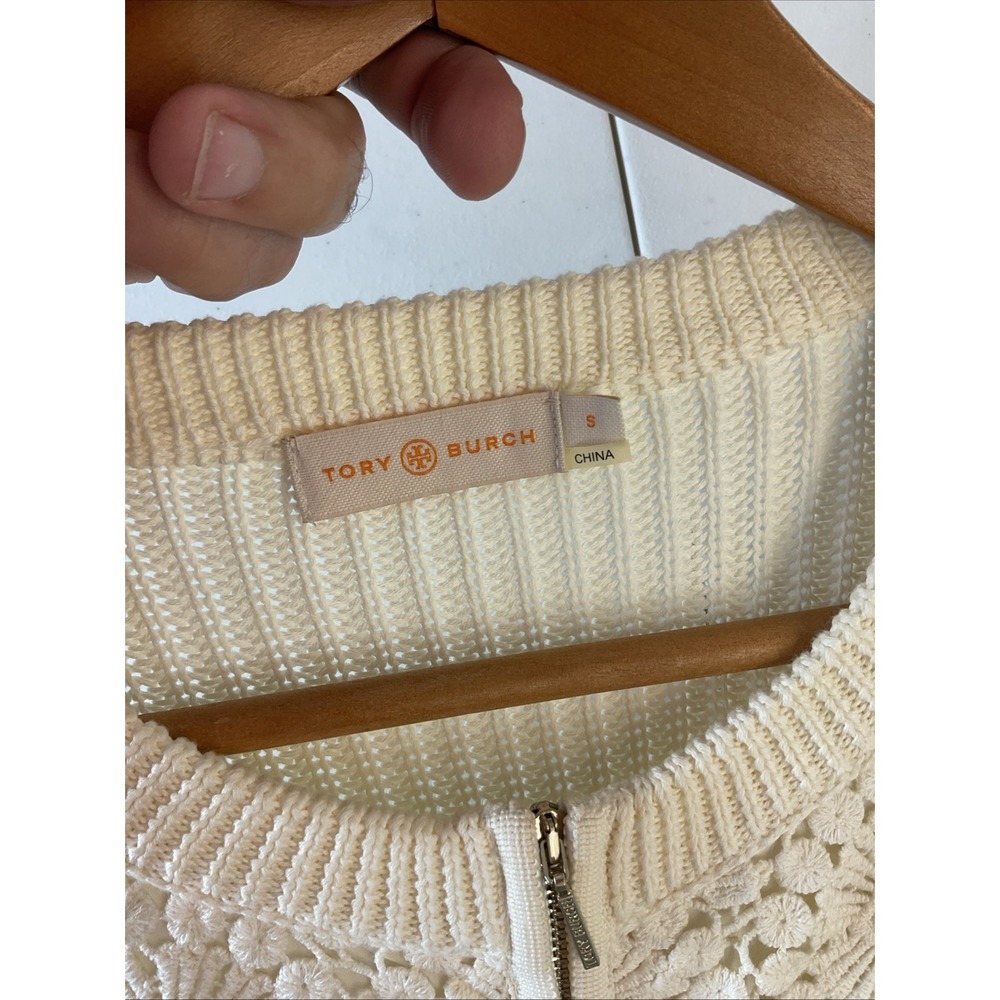 Tory‎ Burch Ivory Zip Crochet Trixie Cardigan Size S Lacey Casual Snag - Picture 5 of 9